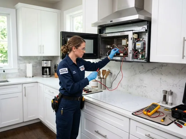 Appliance Repair Hero technician testing an over-the-range microwave in a Bethlehem, GA kitchen